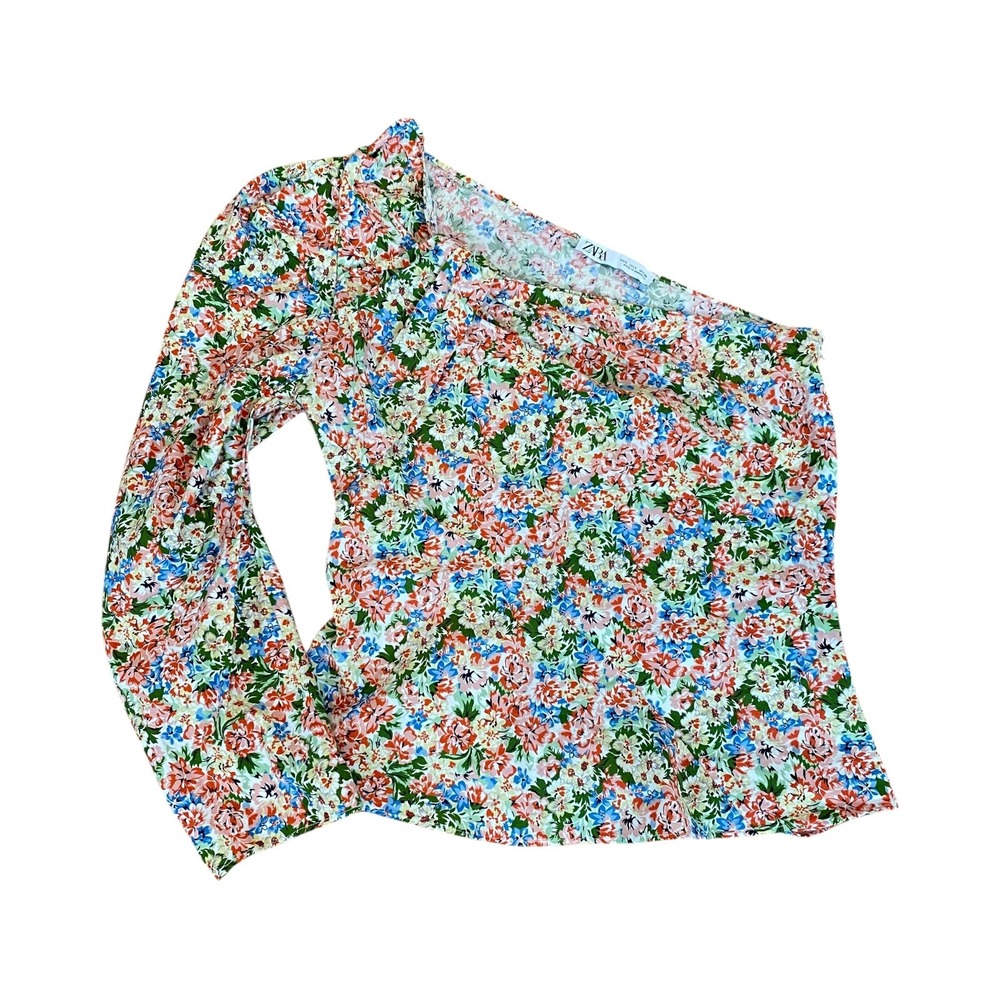 Zara Floral One Shoulder Top Blouse Long Sleeve‎ Colorful Womens Size L